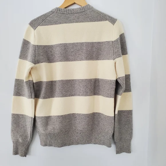 JACK SPADE Men MED Cream Gray Wide Stripe Sweater Wool Blend Crew Preppy Neutral